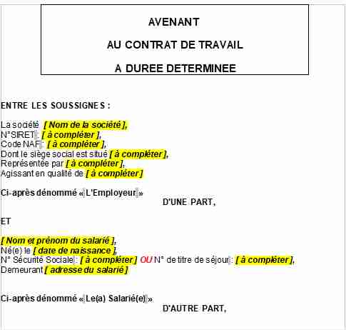 Avenant au contrat de travail à durée déterminée