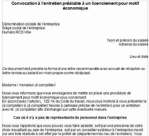 Convocation entretien préalable à un licenciement pour motif économique