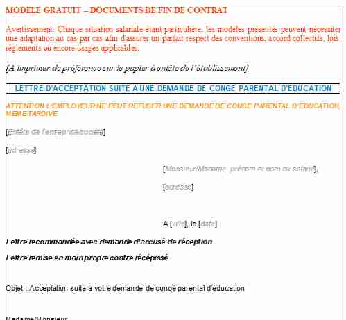 Lettre d'acceptation suite à une demande de congé parental d'éducation