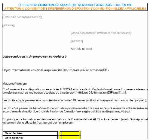 Lettre d'information au salarié de ses droits aquis au titre du DIF