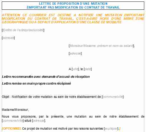 Lettre de proposition d'une mutation emportant modification du contrat de travail