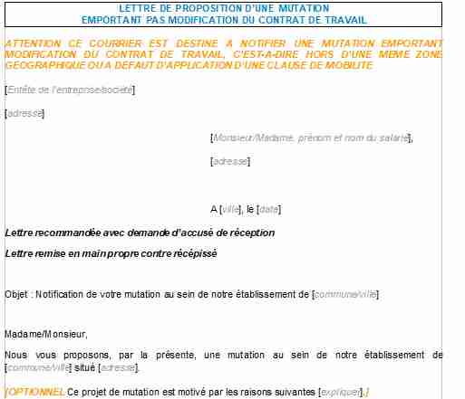 Lettre de proposition d'une mutation emportant pas de modification du contrat de travail