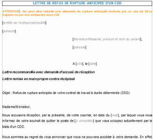 Lettre de refus de rupture anticipée d'un CDD