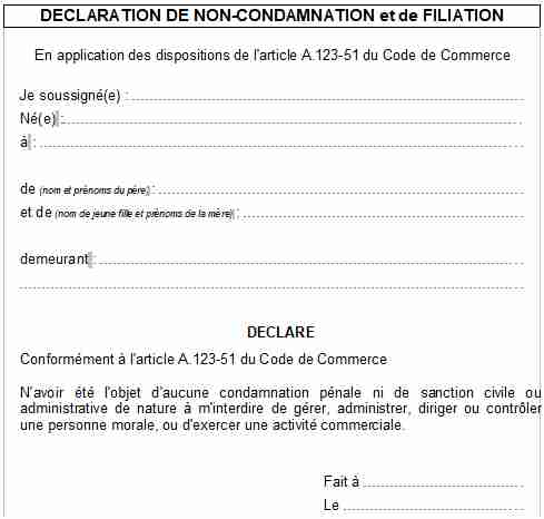 Modèle Déclaration de non condamnation et de filiation