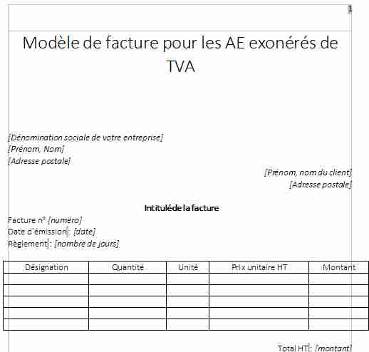 Modèle de facture pour les AE exonérés de TVA