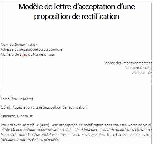 Modèle de lettre d’acceptation d’une proposition de rectification