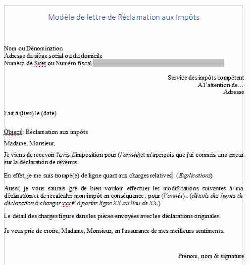 Modèle de lettre de Réclamation aux Impôts