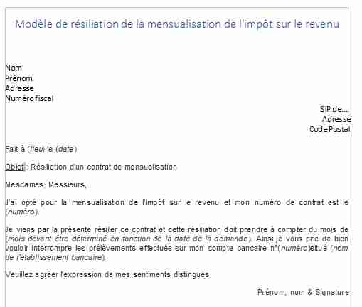 Modèle de résiliation de la mensualisation de l'impôt sur le revenu