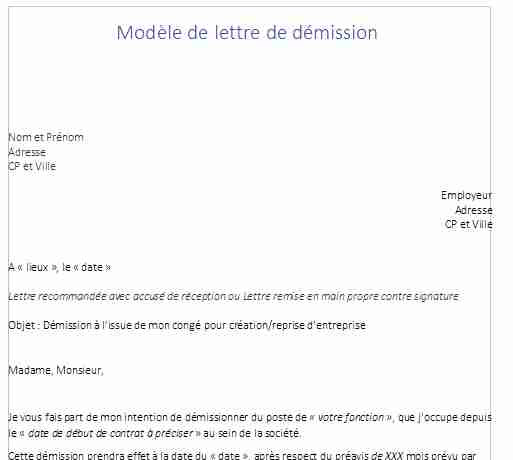 Modèle gratuit lettre de démission type