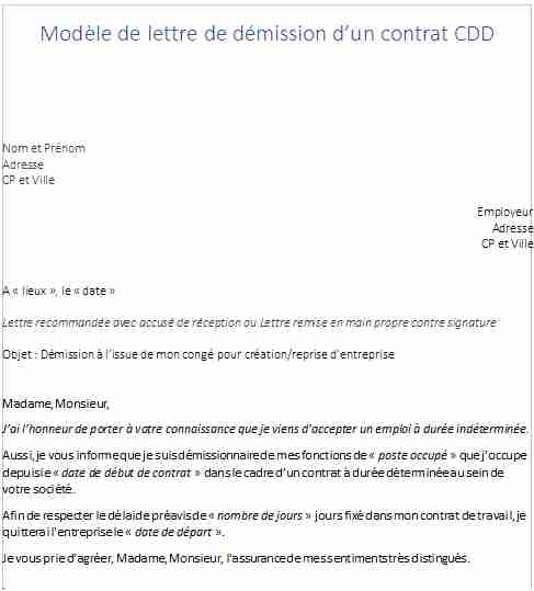 Modèle gratuit lettre de démission CDD