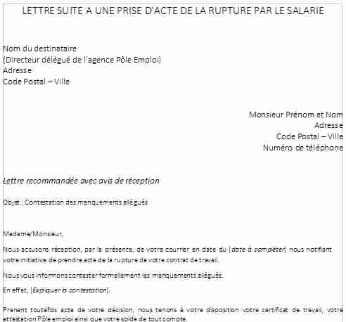 Modèle de lettre suite à une prise d'acte de rupture par le salarié