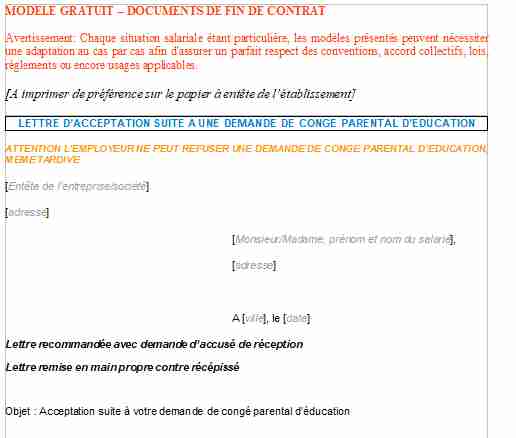 Modèle gratuit lettre d'acceptation suite à une demande de congé parental