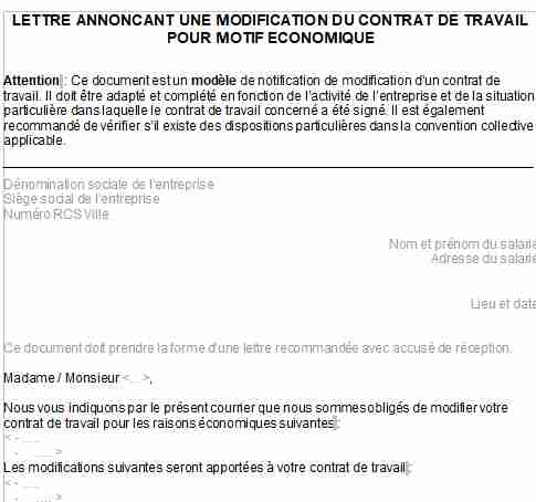 Notification d'une modification du contrat de travail pour motif économique